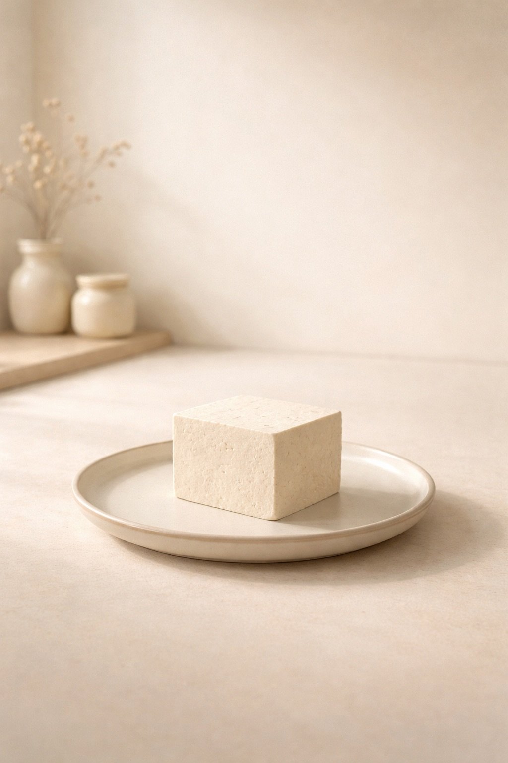 Minimalist illustration of tofu resting calmly in a quiet kitchen scene