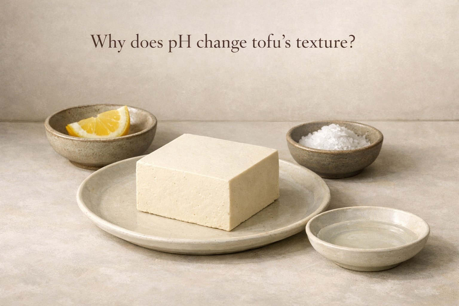 A calm editorial illustration of a plain block of tofu on a ceramic plate with subtle kitchen elements suggesting acidity and alkalinity, accompanied by the text “Why does pH change tofu’s texture?”