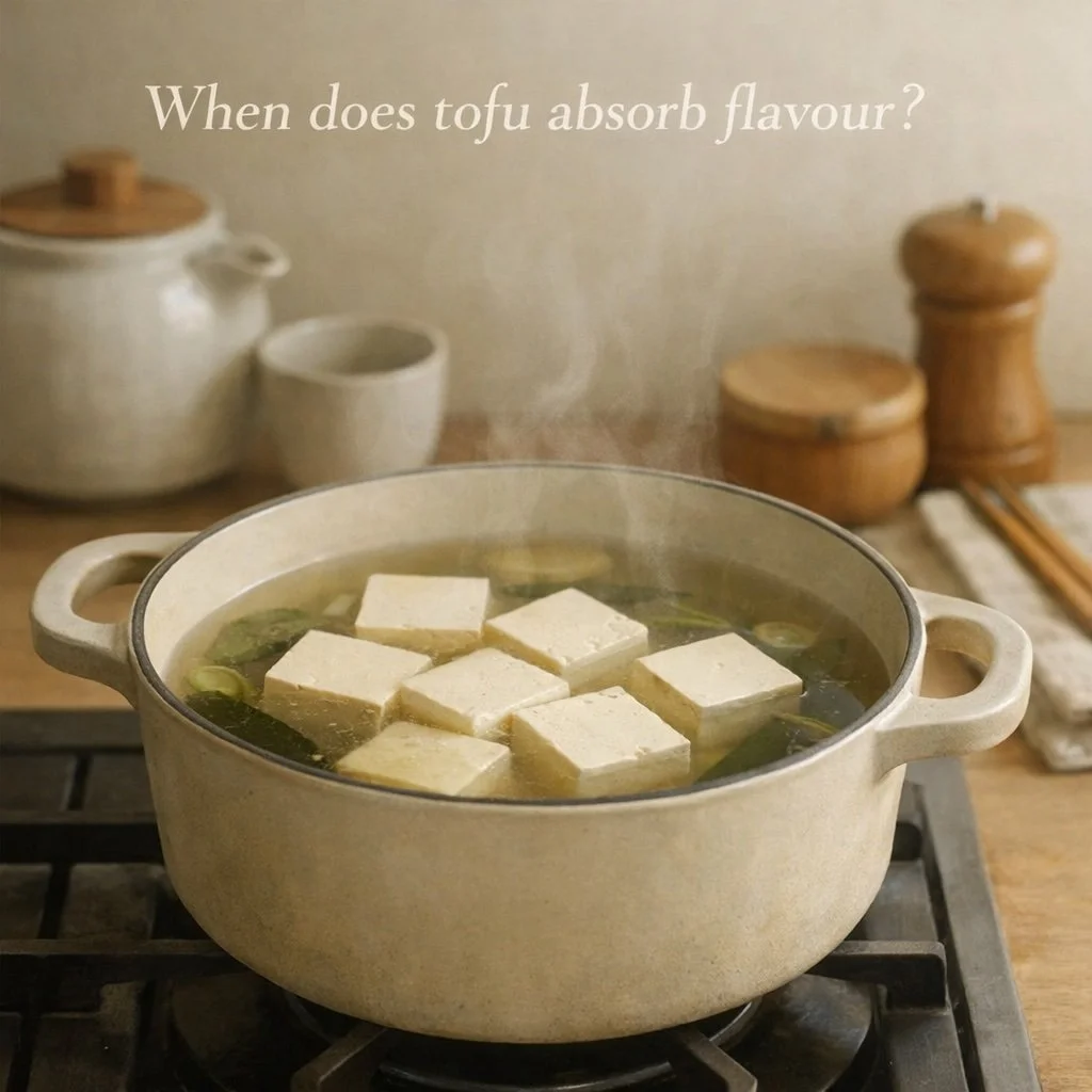 Tofu gently simmering in clear broth, illustrating how flavour absorbs during cooling rather than boiling