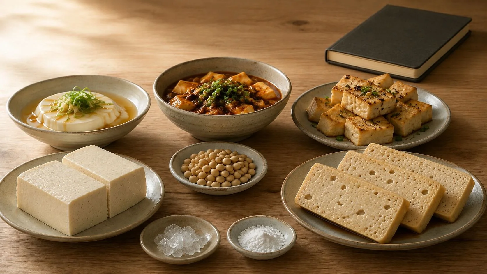 Silken, soft, pan-seared and frozen-thawed tofu dishes showing tofu’s varied textures, flavours and cooking possibilities.