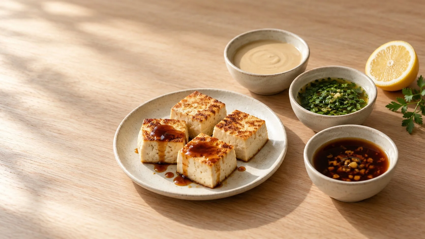 Four golden pan-seared tofu cubes beside bowls of creamy tahini sauce, green herb dressing and dark soy–ginger sauce.