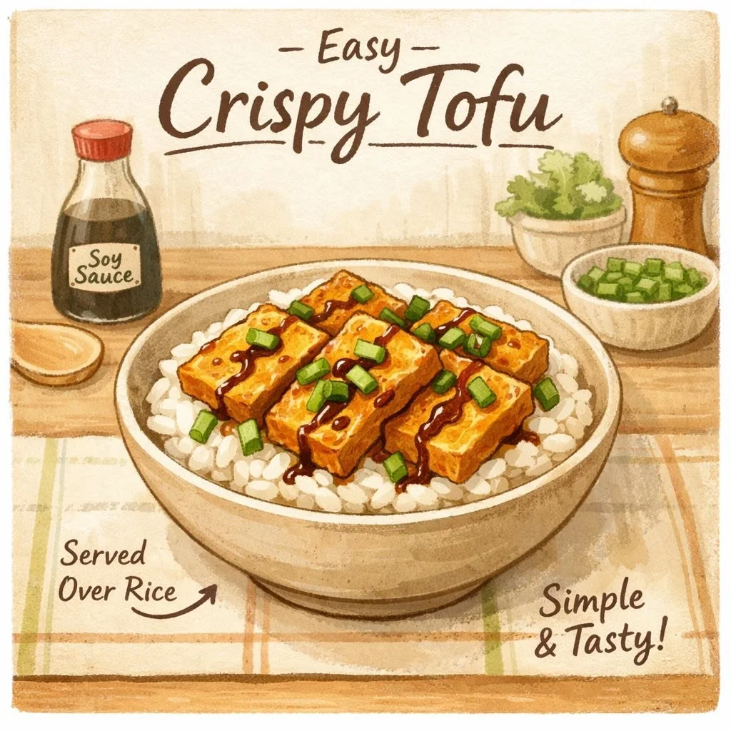 Beginner-friendly crispy tofu dish served with rice, illustrated in a warm, approachable recipe card style.