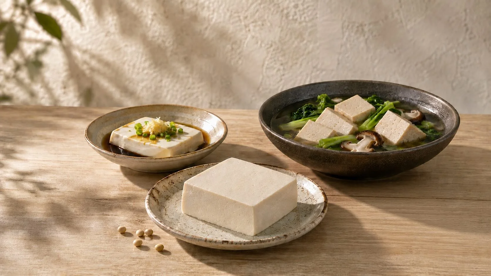 Fresh firm tofu, chilled silken tofu and tofu in mushroom broth arranged on a pale timber table to represent transformation through texture and cooking.