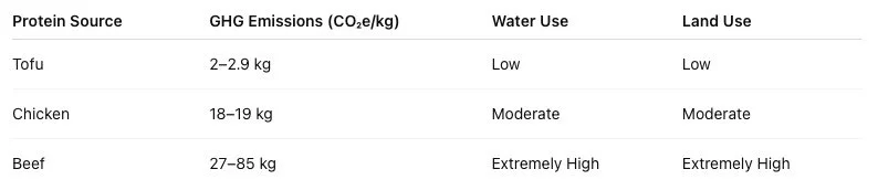 Environmental footprint of tofu vs different protein sources.
