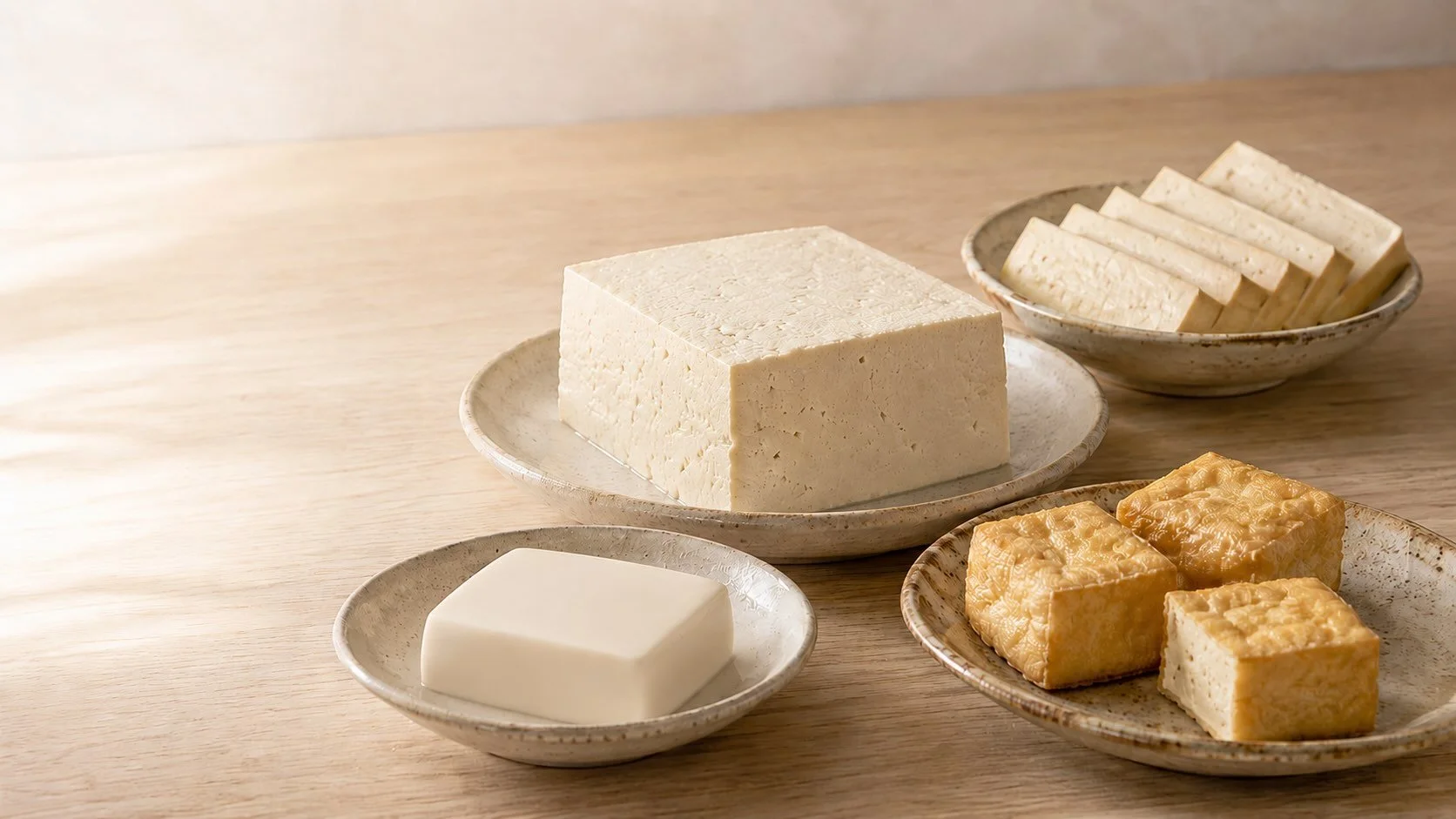 Silken, fresh firm, fried and pressed tofu arranged in ceramic dishes, showing how tofu textures vary across culinary traditions.