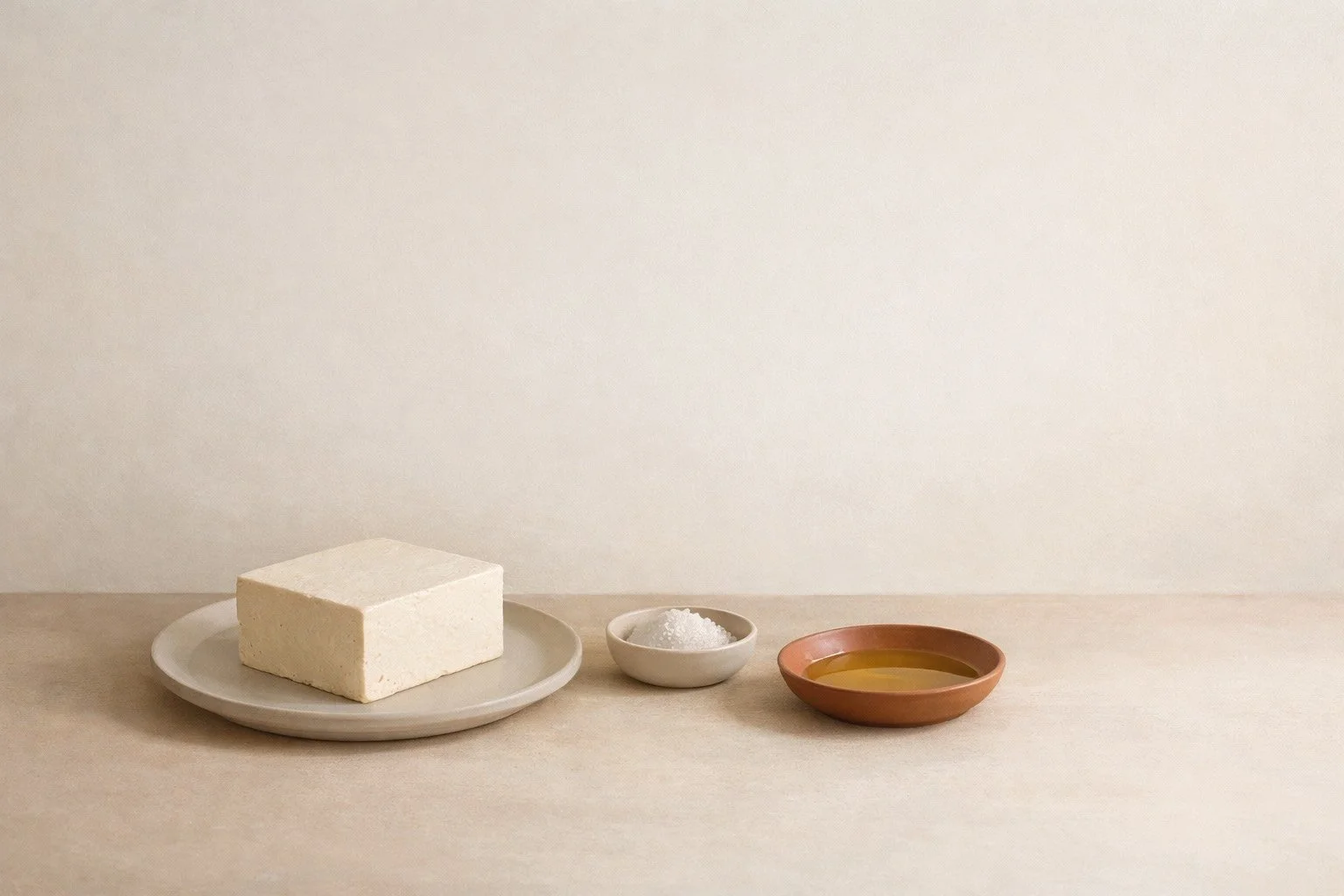 Minimalist illustration of tofu, salt, and oil suggesting intuitive plant-based cooking