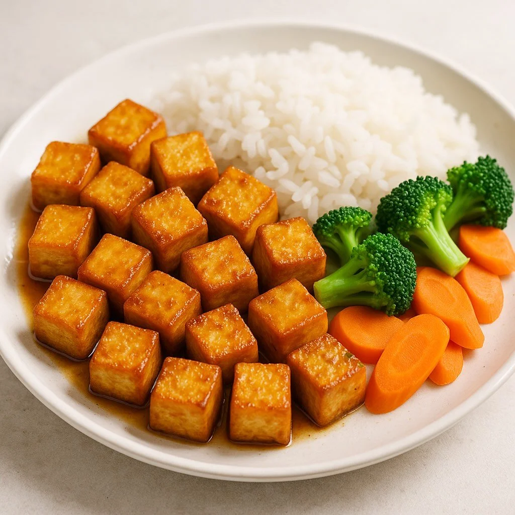 Stir-fried firm tofu cubes served with rice and vegetables on a simple white plate.