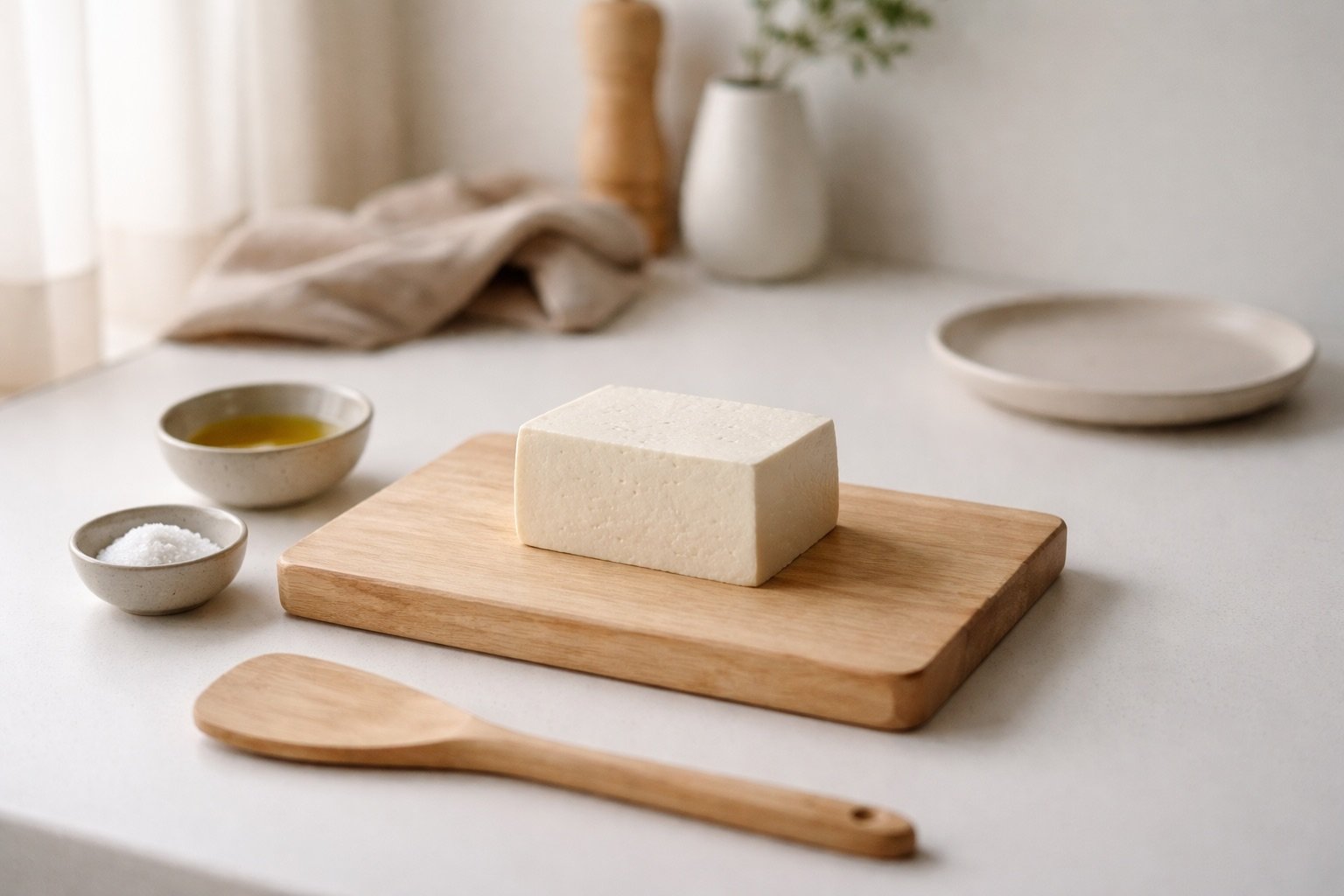 Minimalist question-led hero image of a block of tofu with simple kitchen tools, inviting beginners to feel confident cooking tofu.