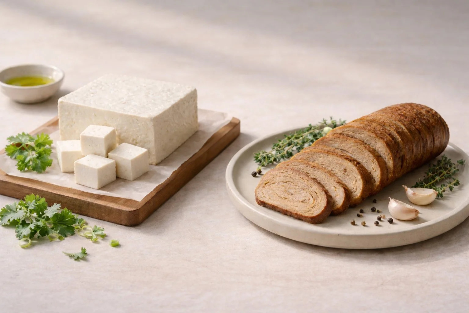 Tofu and seitan displayed side by side, highlighting contrasting textures and plant-based protein styles.