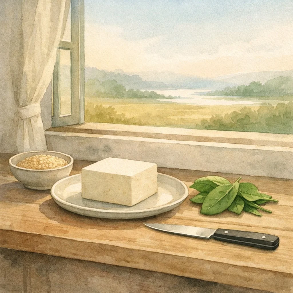 Editorial illustration of a single block of tofu in a quiet kitchen, symbolising compassion for animals through mindful, plant-centred food choices.