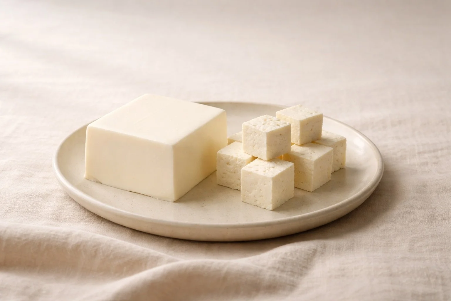 Silken and firm tofu displayed side by side in a minimal editorial still-life