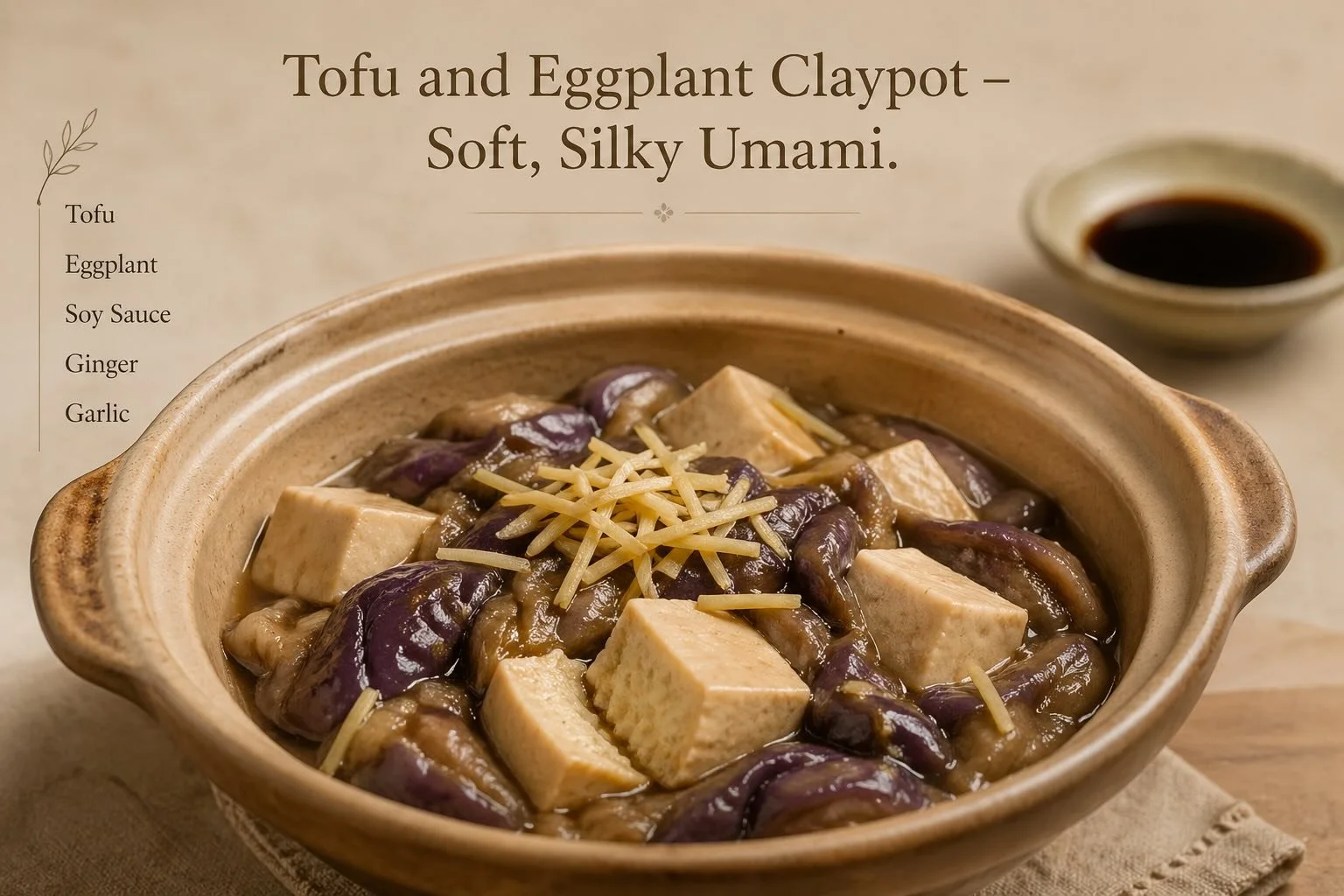 Tofu and eggplant claypot with silky collapsed eggplant, matte soft tofu with a broken piece, and a light umami coating without pooling, in a clean editorial setting