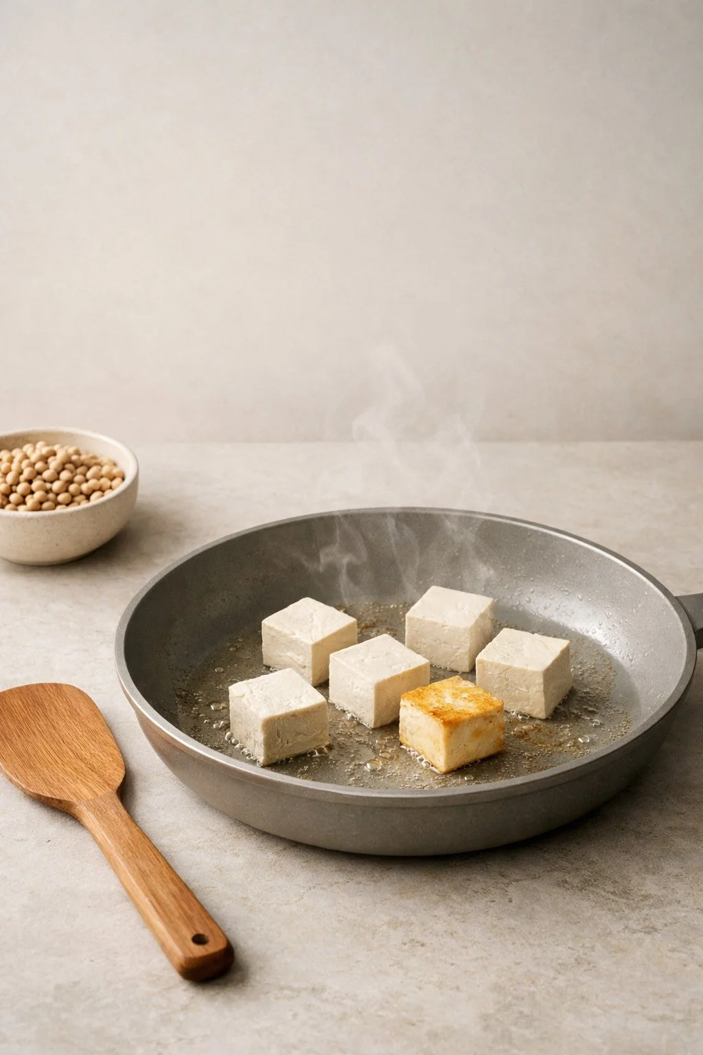 Tofu cubes cooking in a pan at different stages, illustrating sensory cues in intuitive cooking.