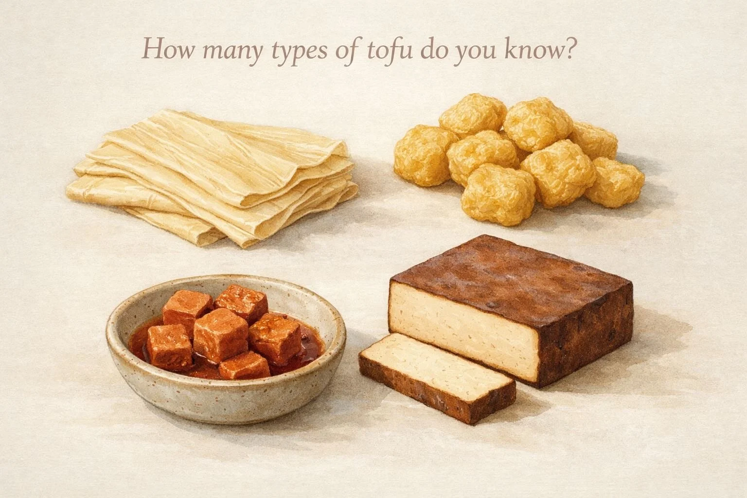 Different types of tofu including yuba, smoked tofu, tofu puffs, and fermented tofu arranged in a minimalist setting.
