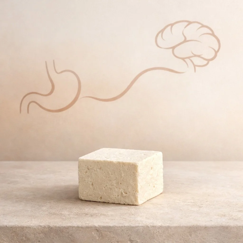 Minimalist illustration showing tofu as a symbol of calm digestion and mental balance.