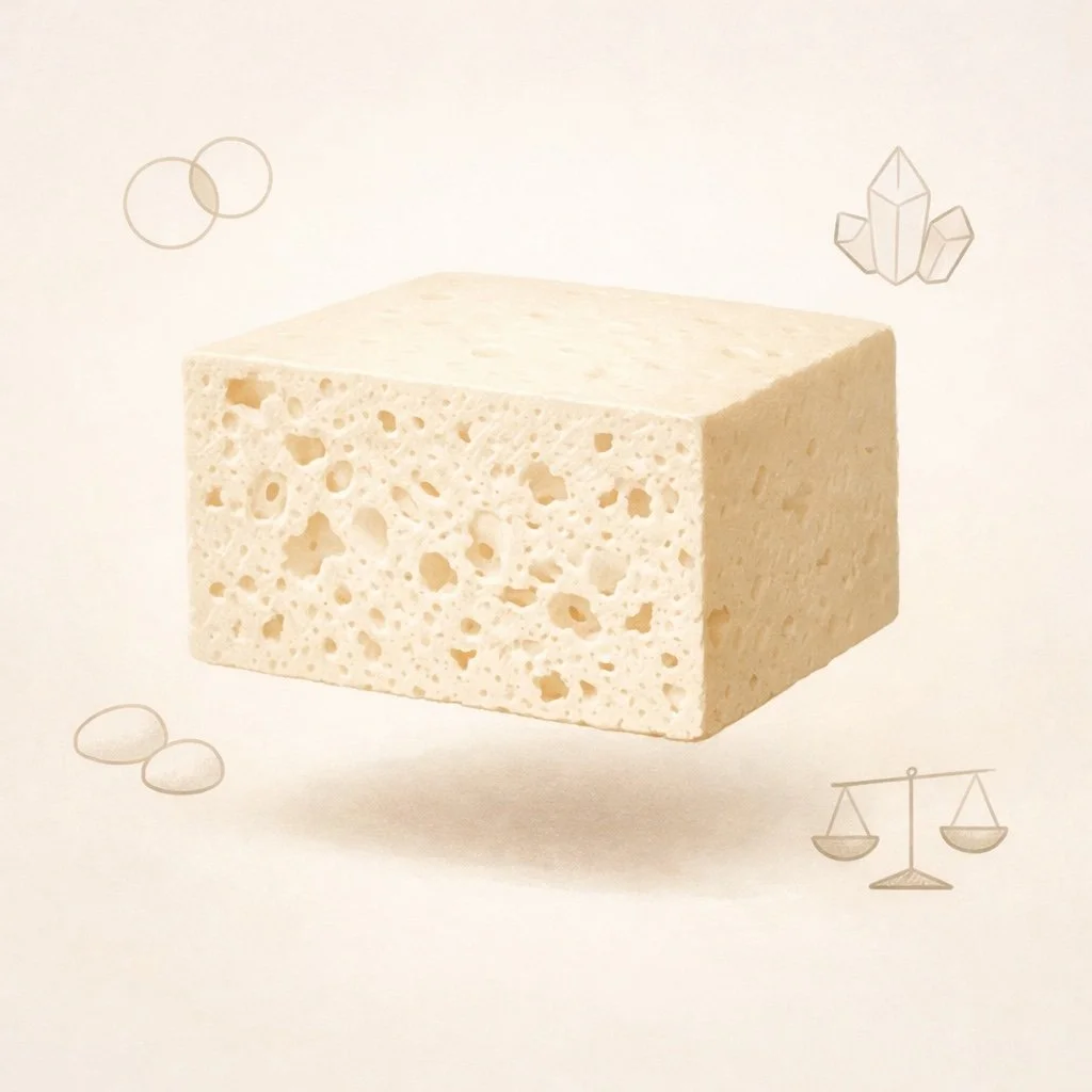 Illustration of tofu under a microscope, showing its protein structure and nutritional composition in a calm, minimalist food science style