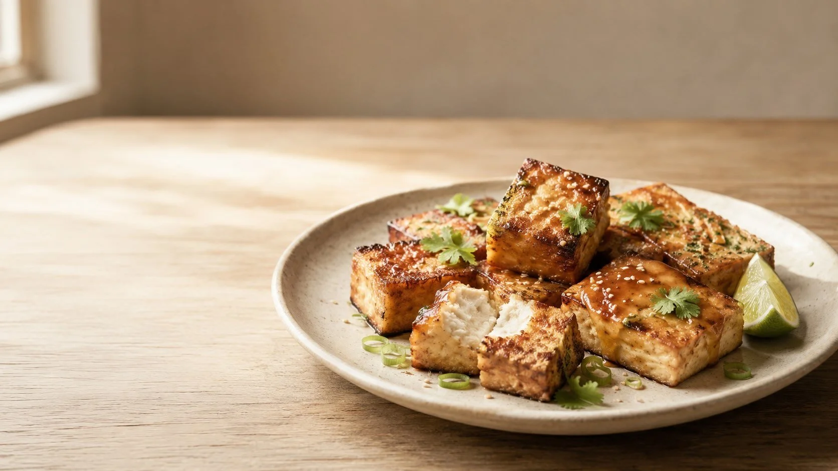 Golden-brown seasoned tofu with crisp caramelised edges, a tender interior, light glaze and fresh herbs, illustrating how careful seasoning builds flavour in layers.