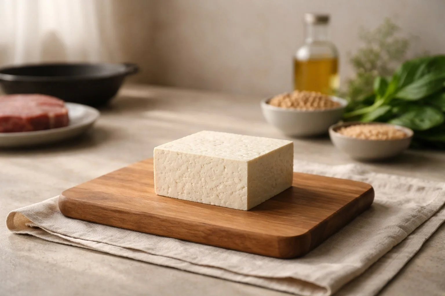 Minimalist still life of a tofu block on a wooden cutting board, softly lit, questioning the idea that tofu or food can be masculine or feminine