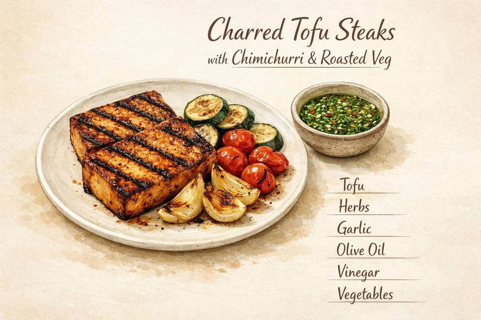 Artistic recipe card illustration of charred tofu steaks with chimichurri and clearly roasted vegetables showing browned edges and caramelised surfaces.