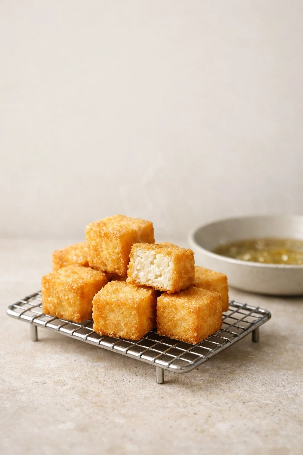 Golden crispy tofu cubes on a wire rack showing thin crust and tender interior, illustrating the physics of frying and steam-driven crispness without greasiness.