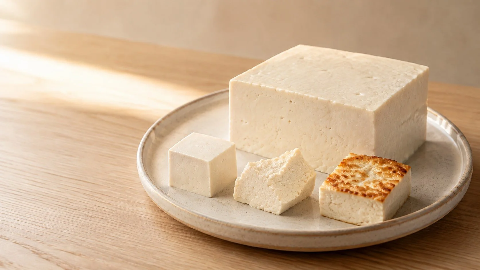 Fresh firm tofu with cleanly cut, naturally torn and golden pan-seared pieces arranged on a ceramic plate.