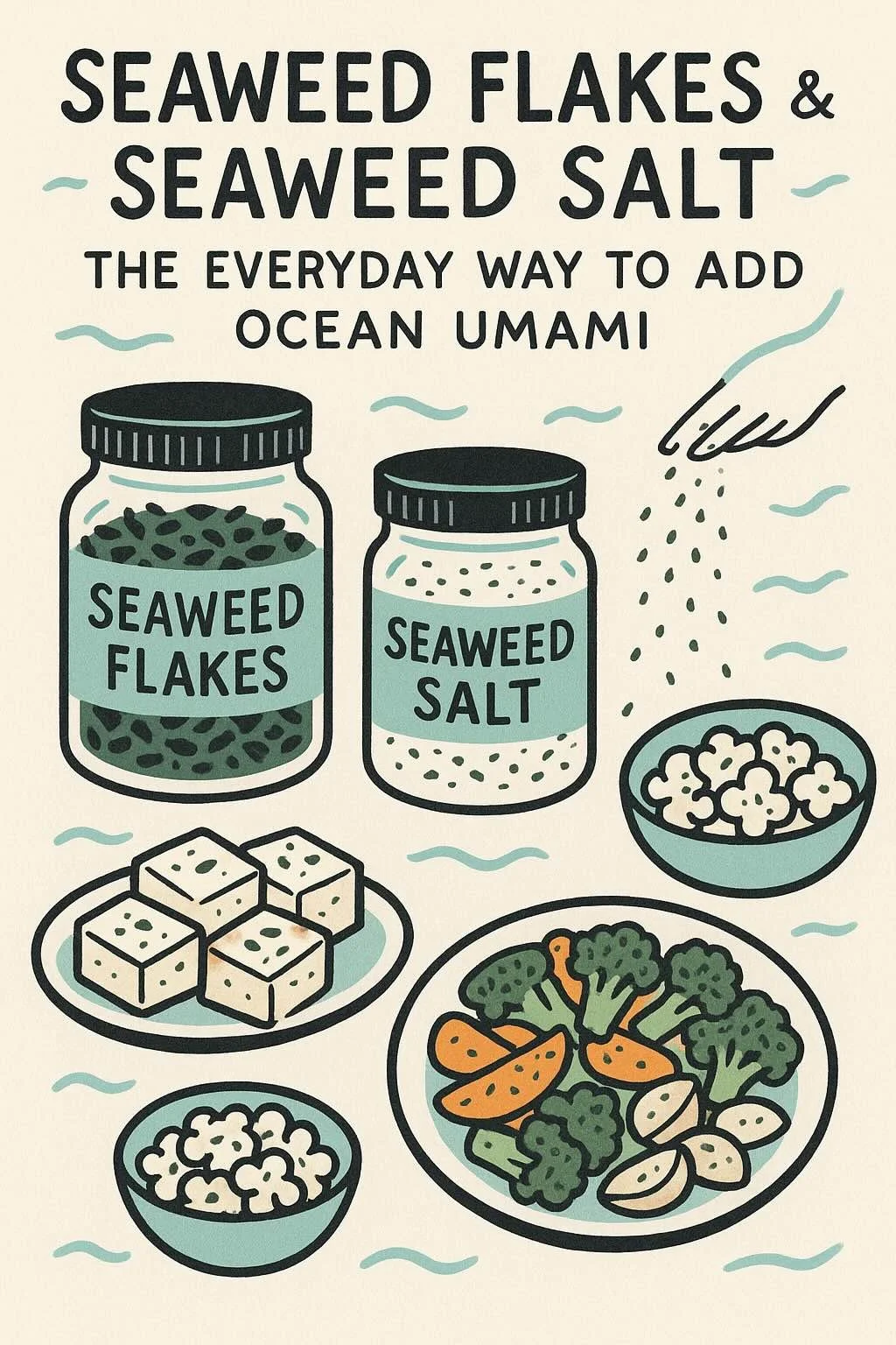 Illustrated recipe card showing seaweed flakes, seaweed salt, tofu, vegetables, and popcorn in ocean-inspired tones.