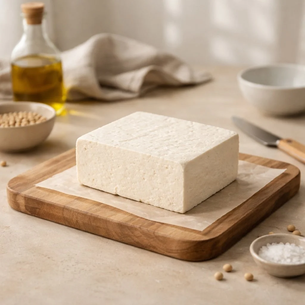 A simple block of tofu on a wooden cutting board in a calm kitchen setting, representing tofu for beginners.