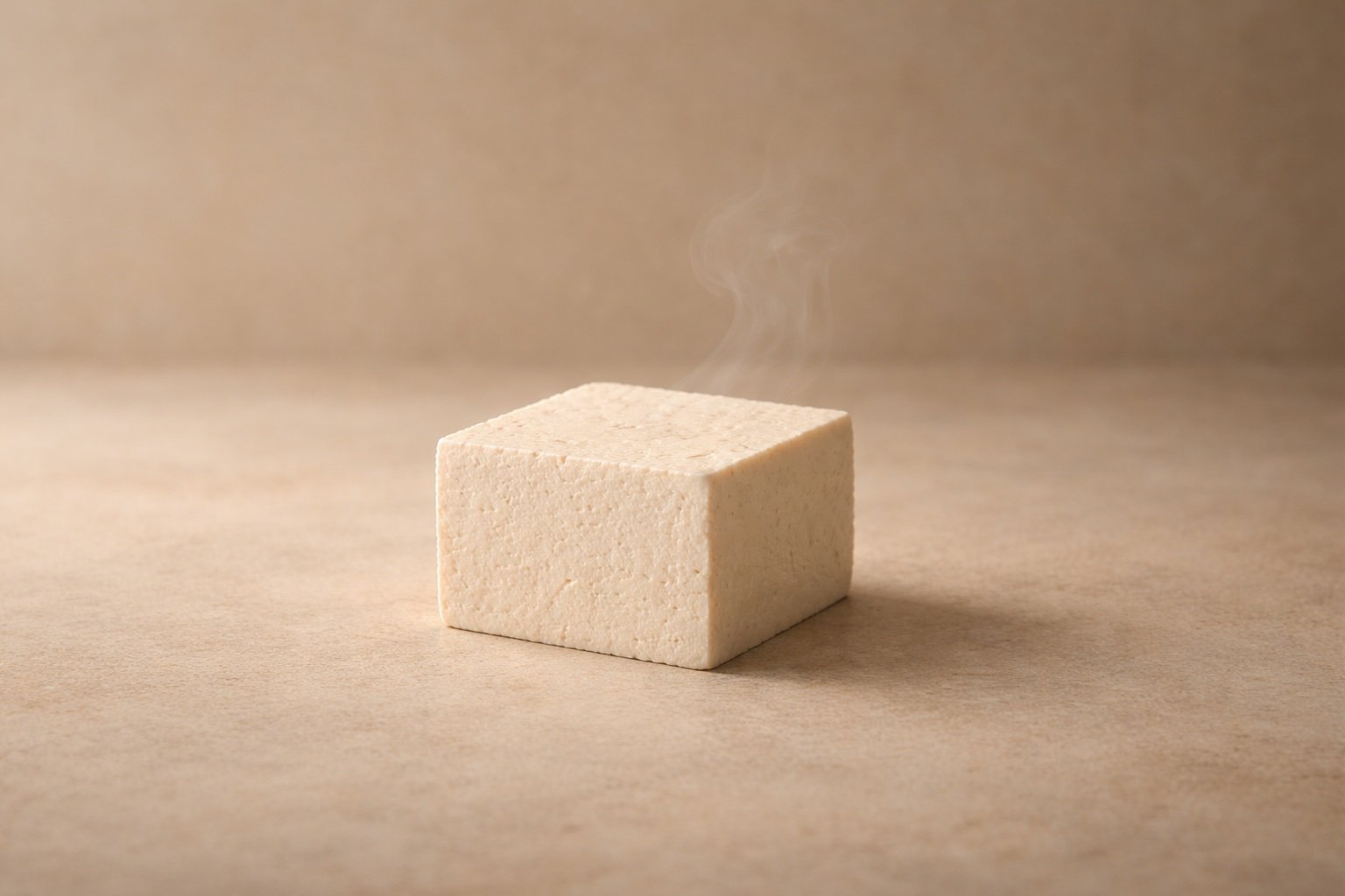 Minimal tofu still-life with subtle steam suggesting heat and moisture evaporation without oil