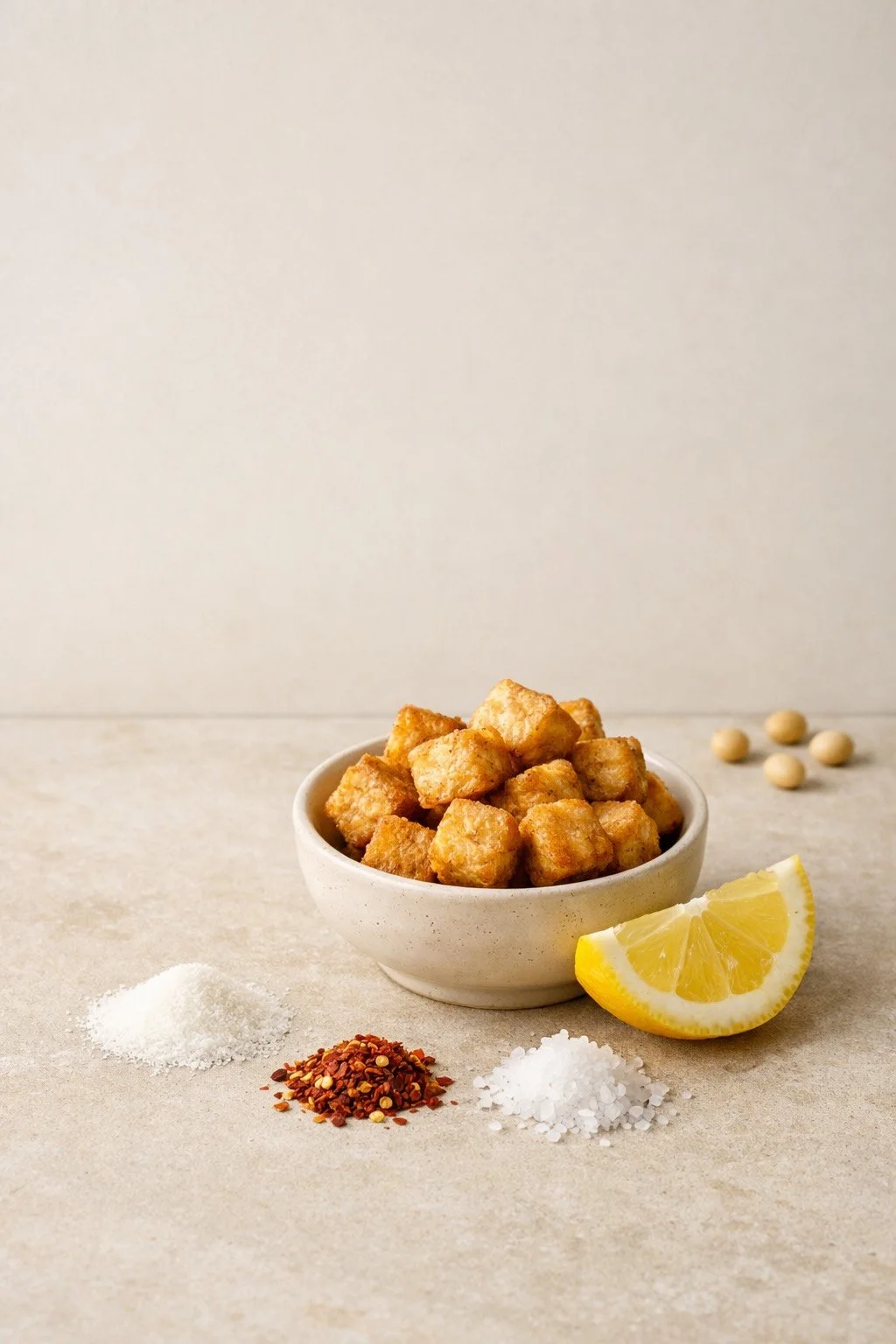 Crispy tofu snack cubes with lemon wedge and seasoning of citric acid, chilli flakes, and sea salt in a minimalist still-life composition.