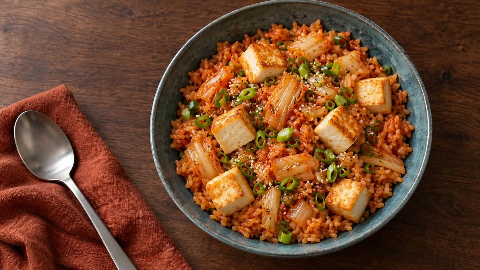 Kimchi fried rice with golden pan-fried tofu cubes, spring onion and sesame seeds in a blue ceramic bowl.