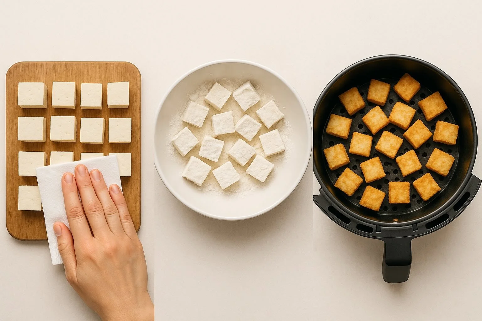 Step-by-step visual of making tofu crispy without deep frying: drying, coating, and air frying.