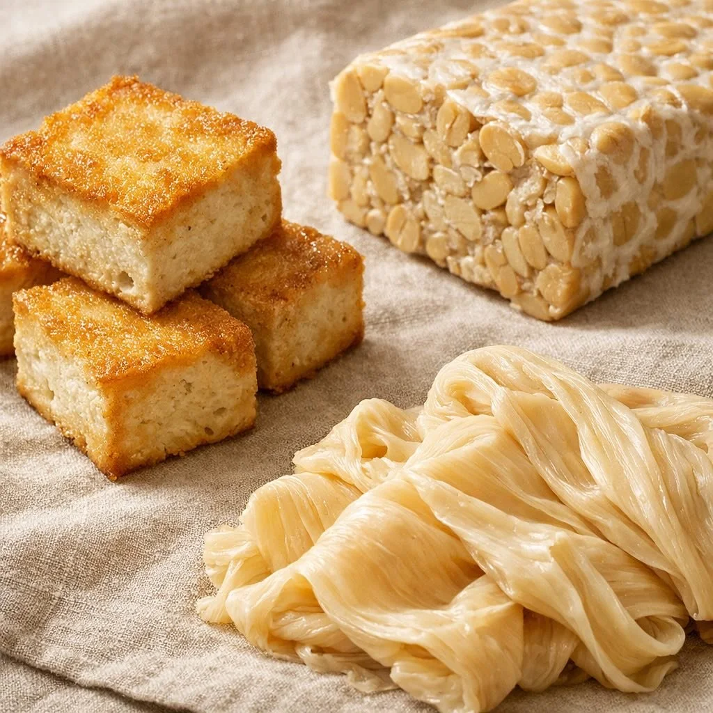 Texture comparison of tofu tempeh and yuba for stir-frying