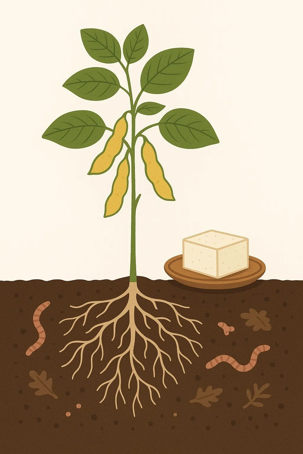 Minimal illustration of a soybean plant with roots in healthy soil and a block of tofu on a wooden plate beside it.