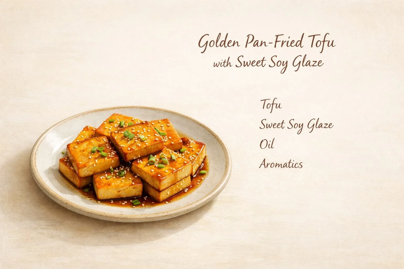 Artistic recipe card illustration of golden pan-fried tofu with sweet soy glaze, showing even browning and a thin glossy finish.