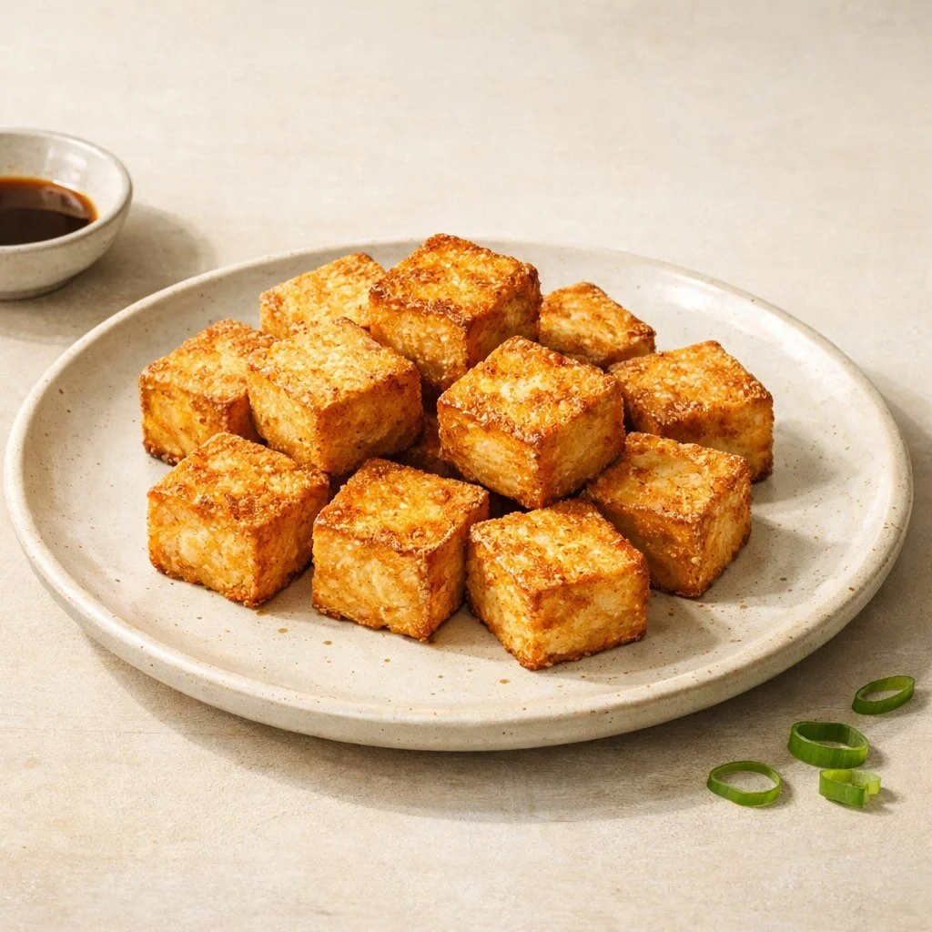 Golden crispy tofu cubes with browned edges on a ceramic plate
