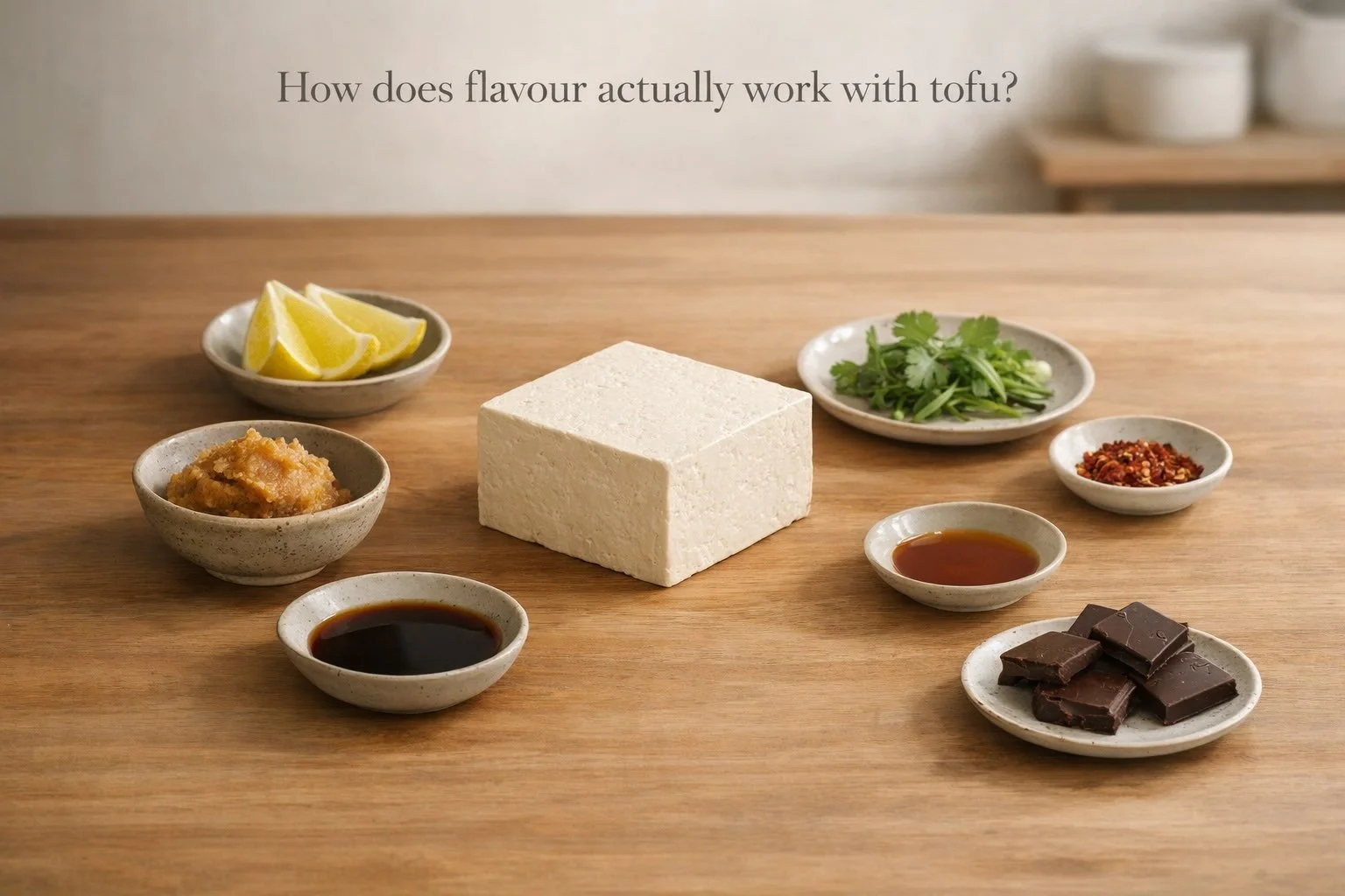 Editorial illustration of tofu surrounded by flavour pairing ingredients like miso, citrus, herbs, oil, and spices, exploring the science of tofu flavour pairing.