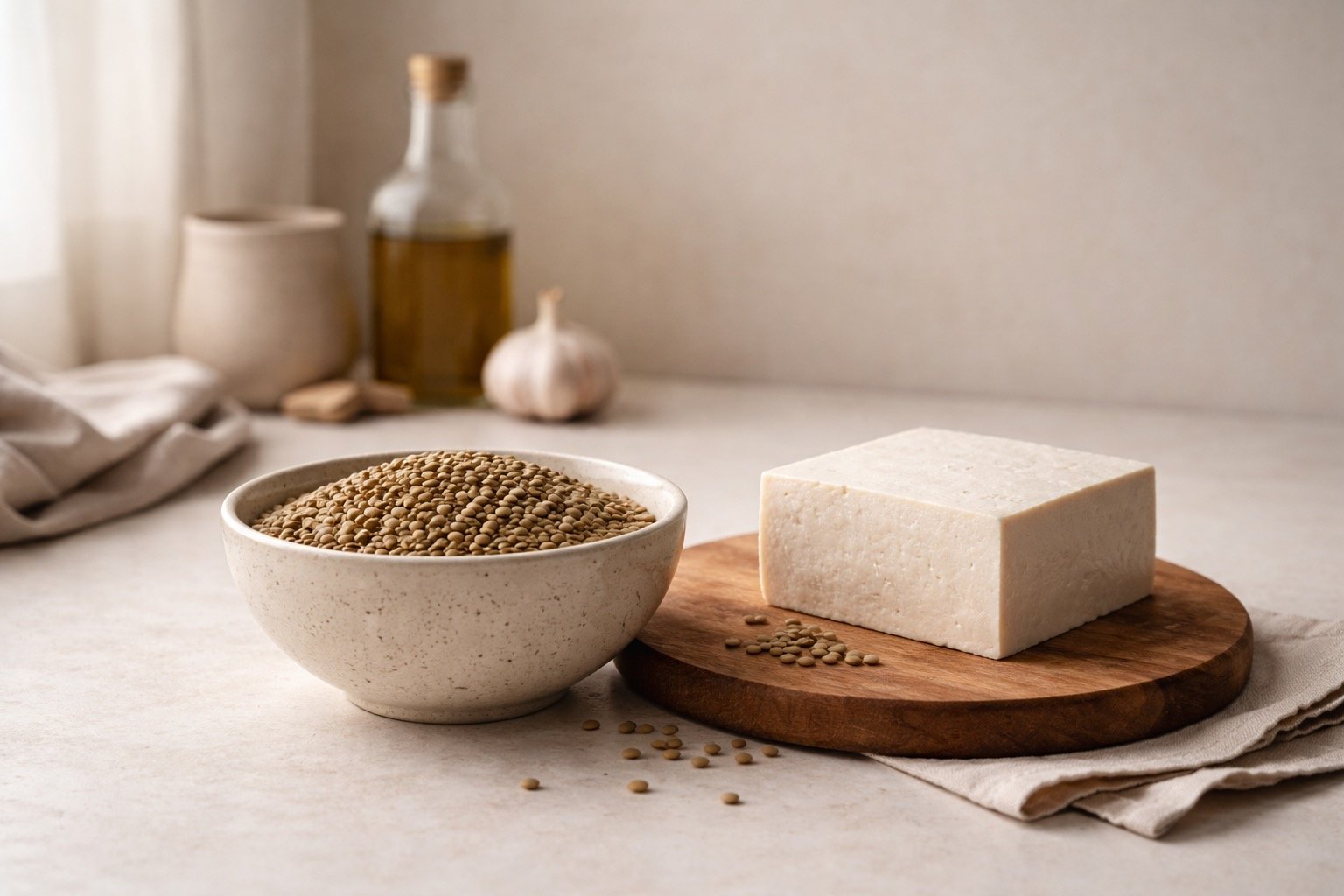 Tofu and lentils arranged simply in a calm kitchen setting, highlighting nourishing plant-based ingredients.