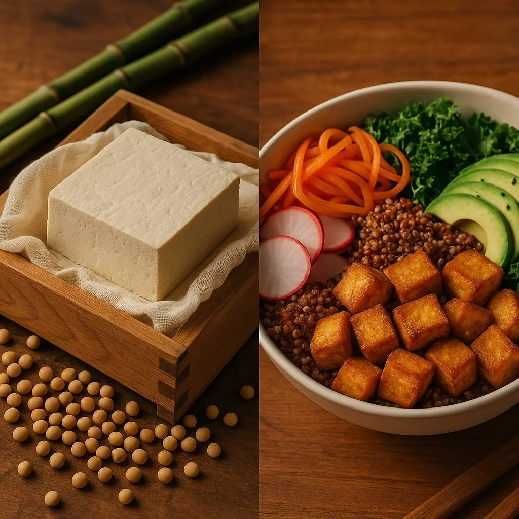 A visual comparison of traditional tofu-making and modern tofu cuisine, showing tofu’s evolution from ancient origins to a plant-based icon.