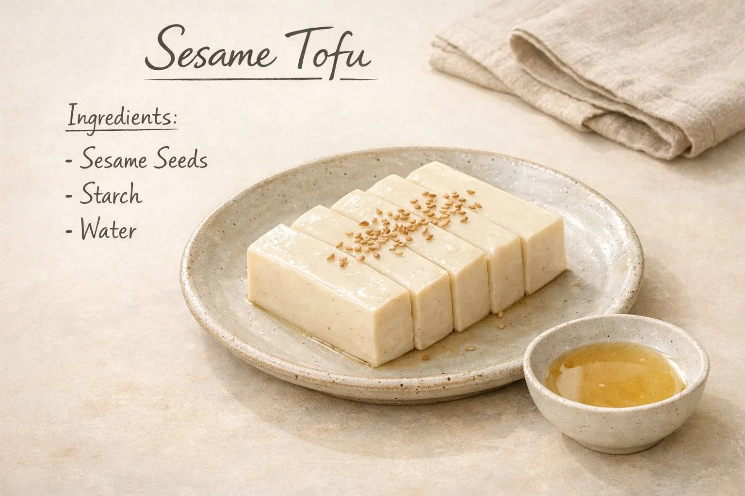 Illustrated recipe card showing sliced sesame tofu made from sesame seeds