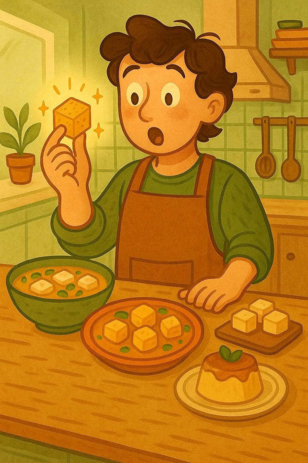 Illustration of a person joyfully holding crispy tofu, surrounded by different tofu dishes.