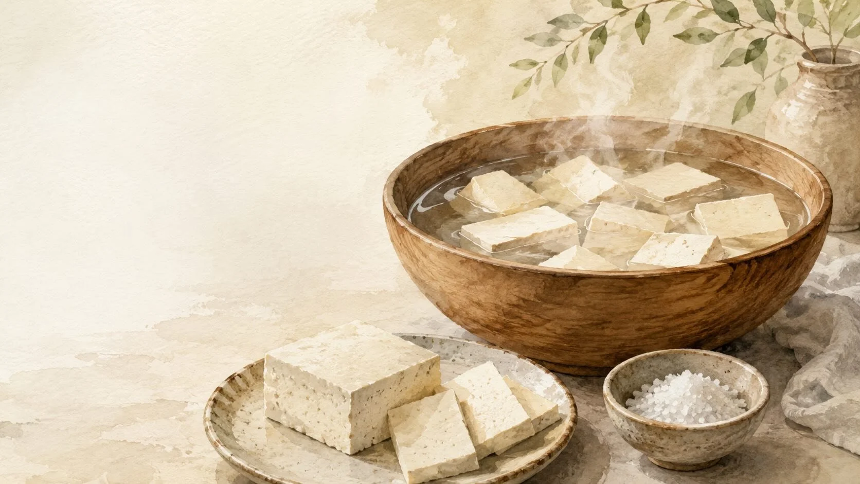 Firm tofu pieces soaking in hot salted water in a wooden bowl beside sea salt and a fresh block of tofu, illustrating tofu brining before cooking.