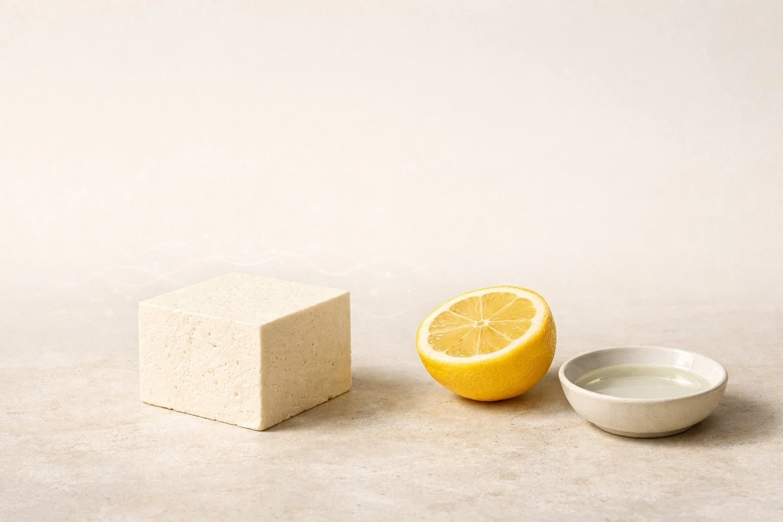 Minimalist illustration showing firm tofu with lemon and vinegar nearby, illustrating how acid interacts with tofu’s protein structure without direct contact.