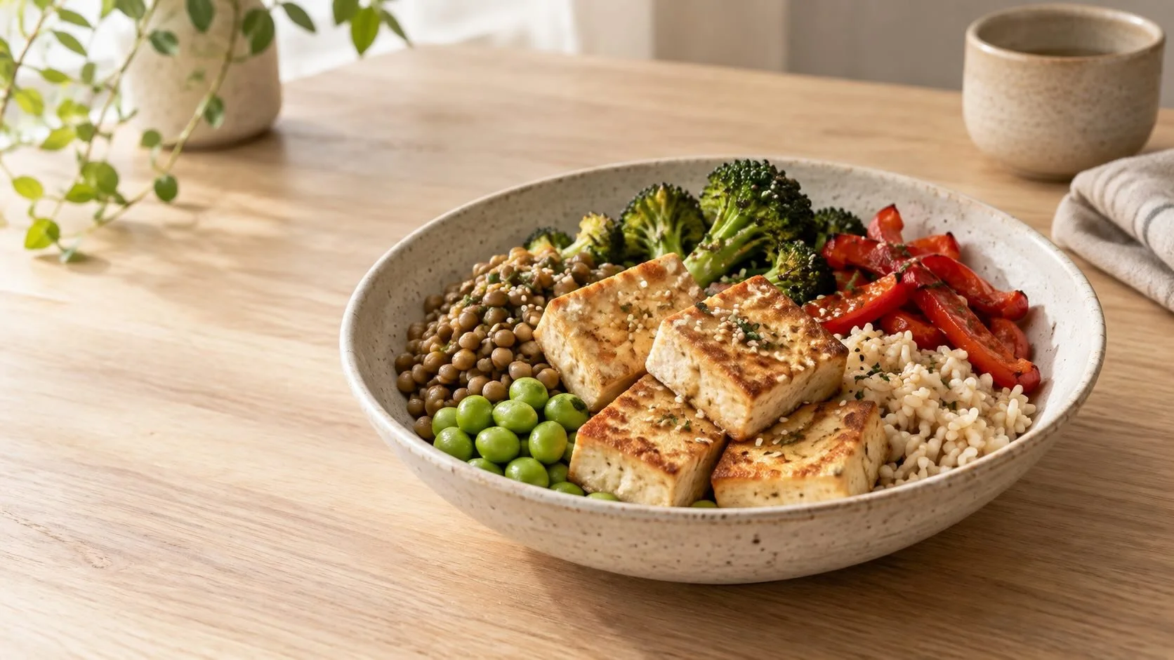 Pan-seared tofu with lentils, edamame, brown rice and vegetables in a bright plant-based grain bowl.