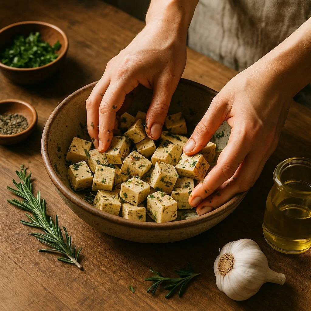 Tofu cubes being marinated in a ceramic bowl surrounded by garlic, soy sauce, and fresh herbs.