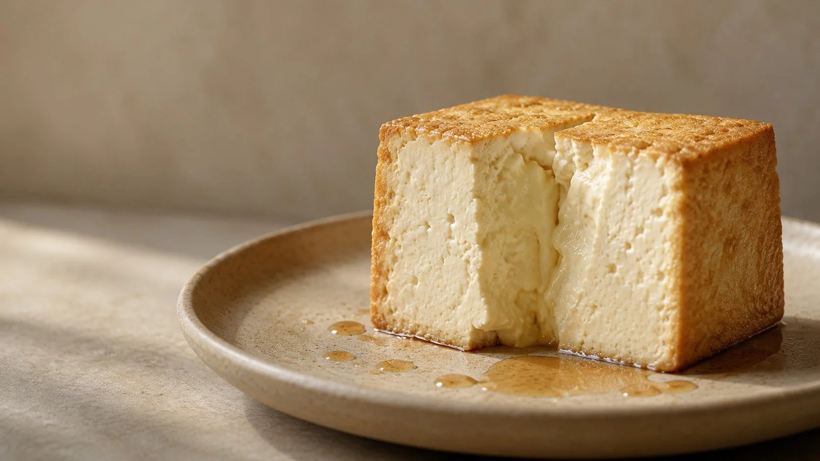 Minimal editorial close-up of crispy tofu with a soft custardy centre on a neutral ceramic plate