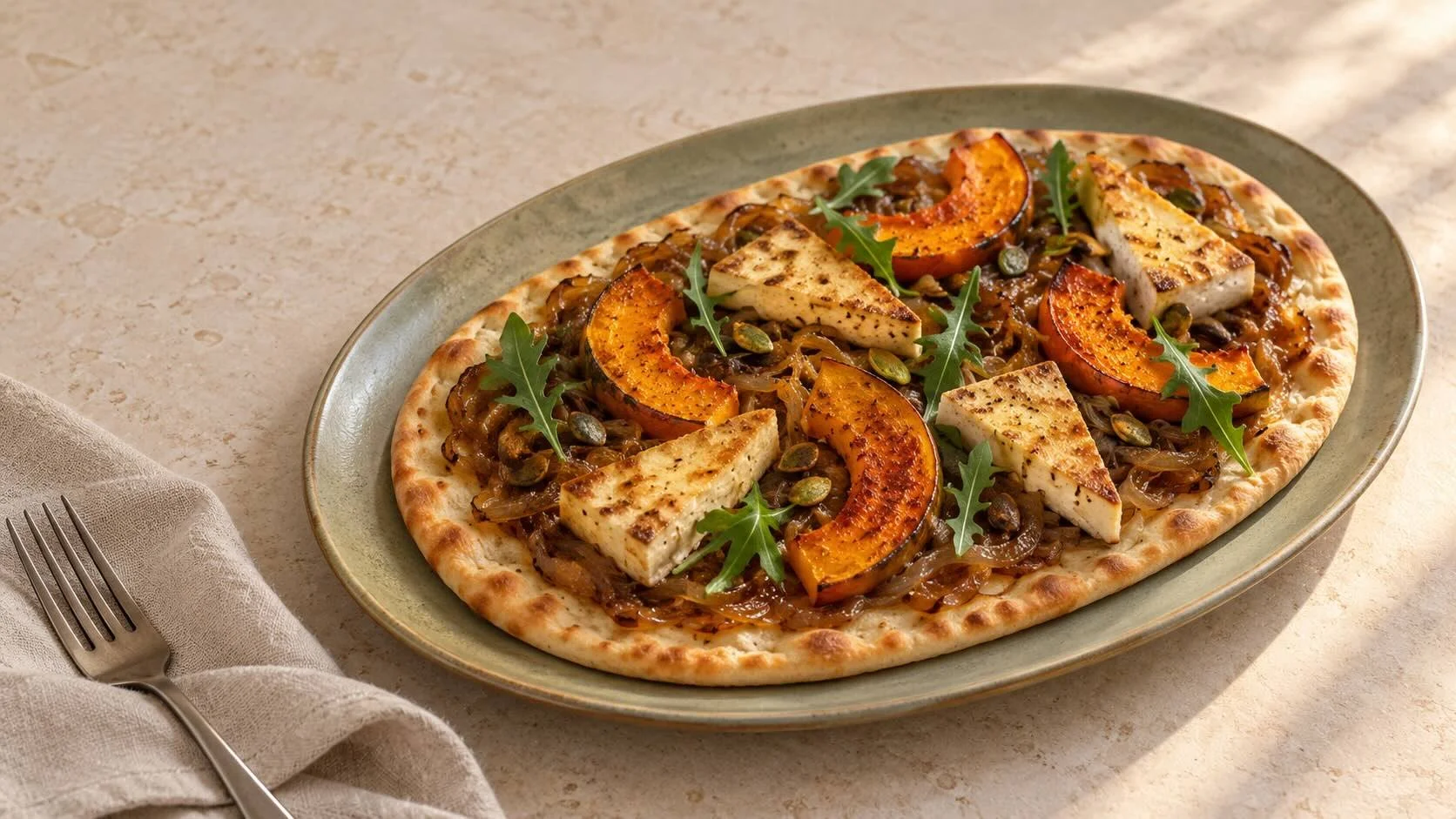 Wholegrain flatbread topped with caramelised onions, golden tofu triangles, roasted pumpkin, rocket and pumpkin seeds.