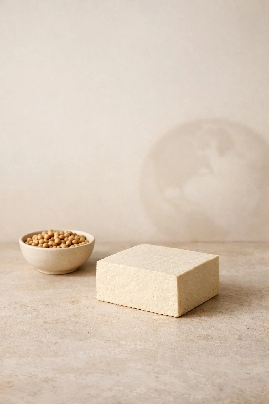 Block of tofu with soybeans symbolising sustainable farm-to-plate journey