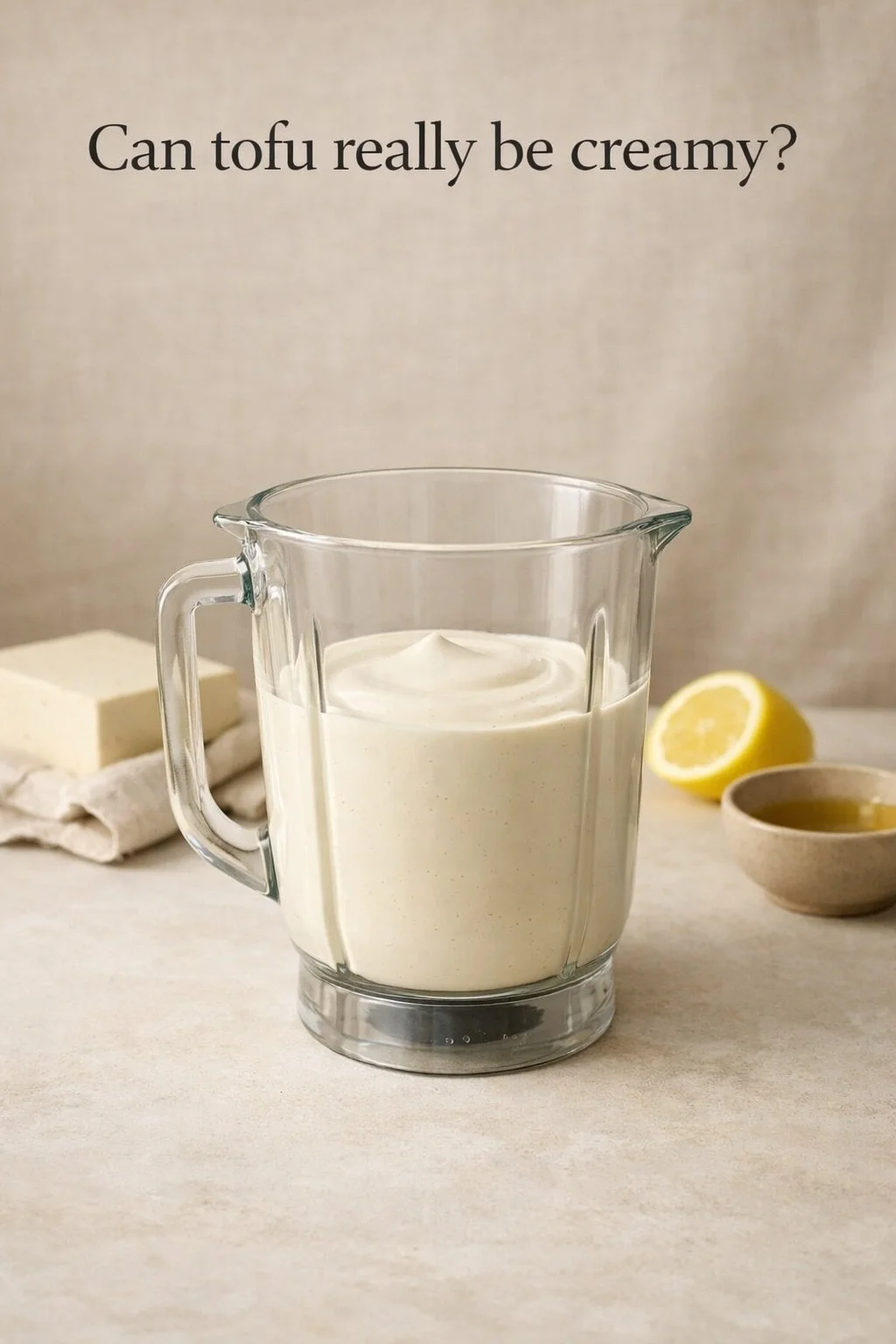 Silken tofu blended into a smooth dairy-free creamy sauce in a minimalist kitchen setting.