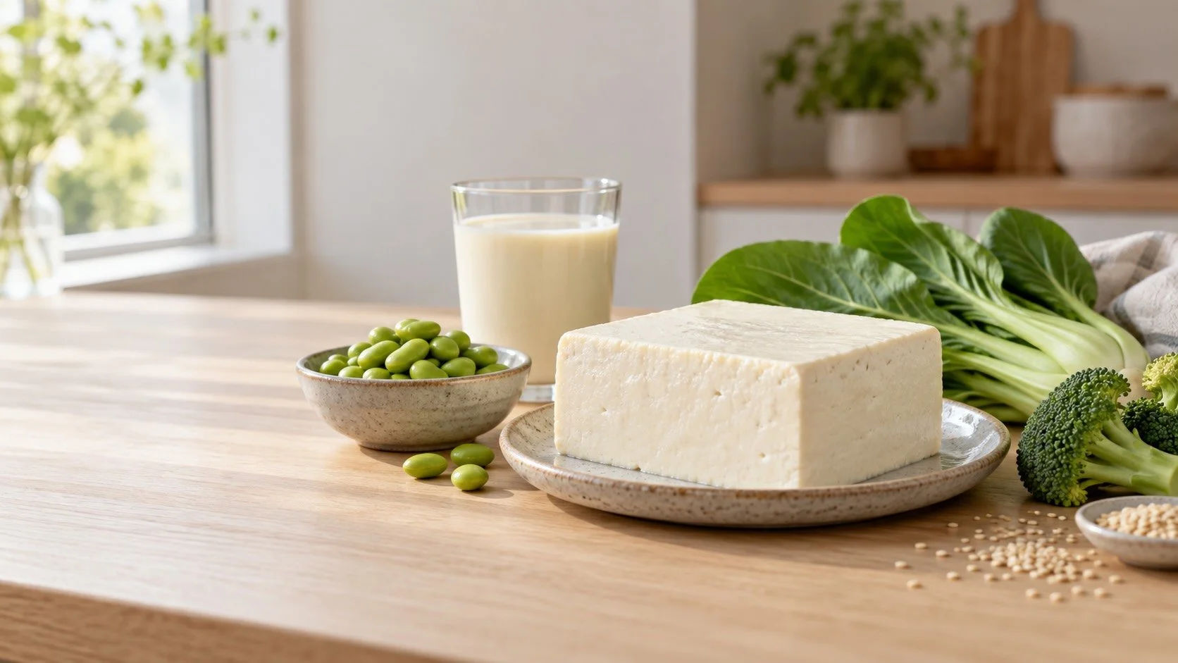 Calcium-set firm tofu with soy drink, edamame, bok choy, broccoli and sesame seeds on a sunlit pale-oak kitchen worktop.