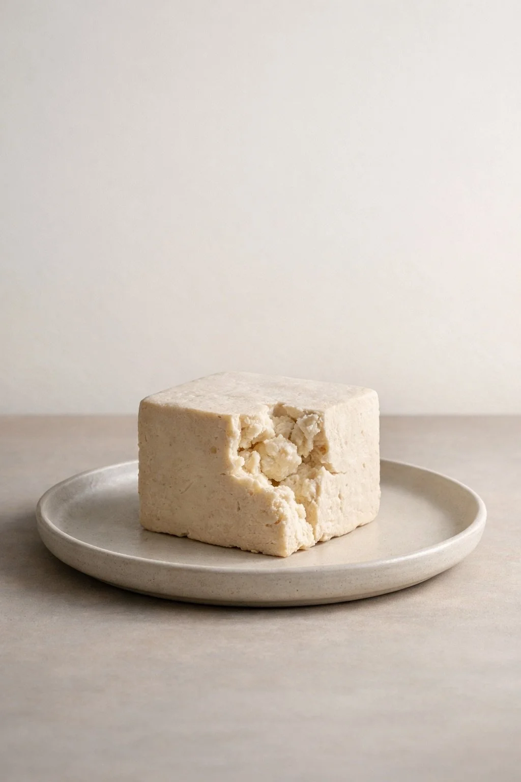 Broken cube of fermented sufu revealing creamy interior texture